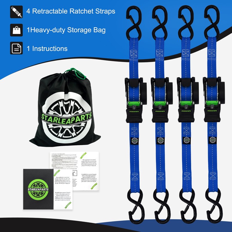 Retractable Ratchet Straps(4PK 1.0INX12FT) - 1,500lb Break Strength, Ratchet Straps