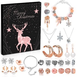 Jewelry Advent Calendar 2023 Teen Girls Women, Rose Gold and Silver Charm Bracelet Countdown Calendar and Fashion Jewerly Earrings Necklace Rings Xmas Surprise Gifts for Daughter Sister Girlfriend