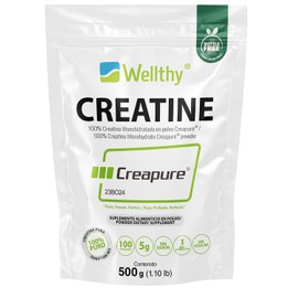 Wellthy Creatina Monohidratada Creapure ® 750g. 100% Pura. Solo 1 Ingrediente Creatina Alemana Creapure®. Vegana, Sin Azúcar, 150 porciones, 5g por porción, Pre Entreno con Scoop. Pure. Proven. Perfect.