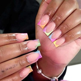 Thick forest Uñas Cuadradas Cortas De Verano - Uñas Francesas De Gel Suave Con Cobertura Total, 24 Uñas Postizas Reutilizables, Brillantes Y Coloridas Con Pegamento.