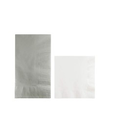 Converting Paper Bulk Party Napkin Bundle, 100 Silver Dinner and 200 White Beverage/Cocktail Paper Napkins, Box of 300 Napkins