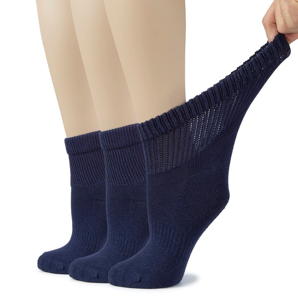 Hugh Ugoli Women's Cotton Diabetic Ankle Socks, Wide, Loose & Stretchy, Seamless Toe & Non Binding Top, Semi Cushion, 3 Pairs, Navy Blue, Shoe Size: 9-12
