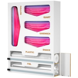 LUYABA 6 in 1 Bag Organizer and Wrap Dispenser with Magnetic Lid - Plastic Wrap Dispenser with Cutter for Kitchen Drawer, Storage for Gallon, Quart, Sandwich, Snack Bags, and Foil White