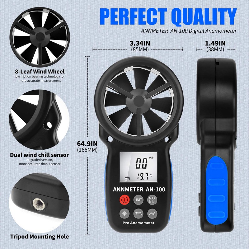 Digital Anemometer,Handheld Wind Speed Meter,Airflow Gauge Measures Wind Velocity Temperature