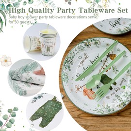350pcs Greenery Baby Shower Decorations for 50 Guests Include Disposable Paper Plates, Napkins, Cups and Plastic Cutlery for Boy