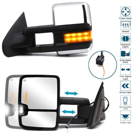 Adanz Towing Mirrors fit for 2014-2018 Chevy Silverado 1500 2500 3500 GMC Sierra Power Heated Amber Turn Signal Arrow Lamp Auxiliary Light Manual Telescopic LH RH Tow Mirrors Chrome Cap