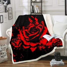 Girls Rose Fleece Throw Blanket Rose Blooming Floral Print Sherpa Blanket Women Romantic Flowers Pattern Plush Blanket Luxury Red Black Decor Fuzzy Blanket for Sofa Bed Couch,Throw 50x60 Inch
