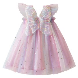 YETANLID Baby Girls Tulle Tutu Dress Toddlers Sequin Rainbow Summer Fly Sleeve Birthday Party Casual Tunic Dress Pink Size 4-5T
