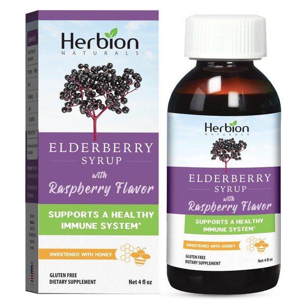 Herbion Naturals Elderberry Syrup – Healthy Immune System for Adults & Children (1 Year+) - Honey sweetened with Natural Raspberry Flavor - No Artificial Ingredients - Made in USA, 4 FL Oz