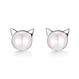 Pearl Stud Earrings 925 Sterling Silver White Freshwater Cultured Pearl Cat Ear Studs for Women