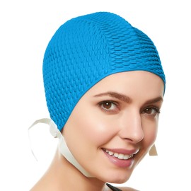 Beemo Swim Bathing Caps for Women or Girls Retro Style Latex Bubble Crepe Swimming Hat with Chin Strap for Long or Short Hair - Light Blue