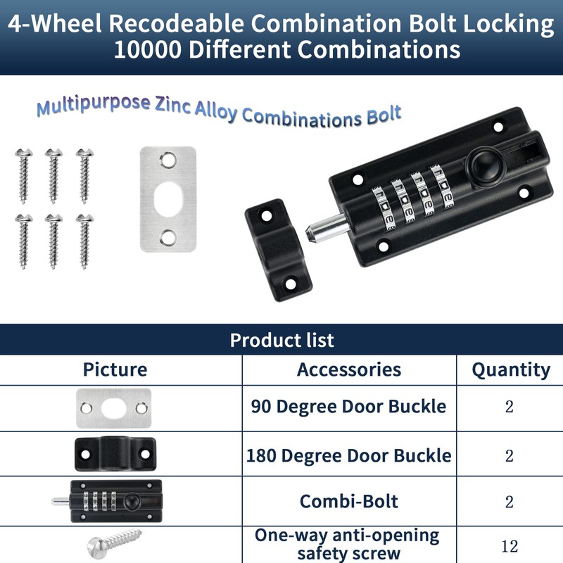 Combination Locking Bolt 2 Pack,Thickened Solid Zinc Alloy Combination Barrel