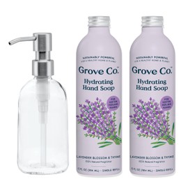 Grove Co. Hydrating Gel Hand Soap Refills (2 x 13 Fl Oz) + 1 x Reuseable Glass Soap Dispenser, Plastic-Free & Liquid Refillable Starter Kit, Natural Lavender Blossom & Thyme Fragrance