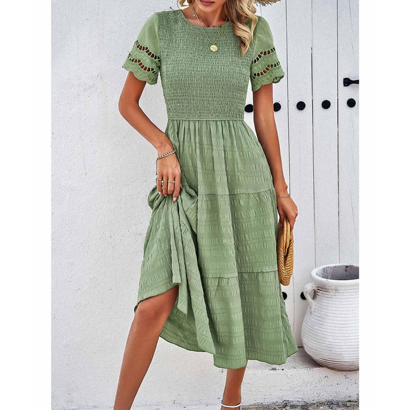 SEMATOMALA Women's Smocked Short Sleeve Maxi Dress Modest Crewneck Flowy