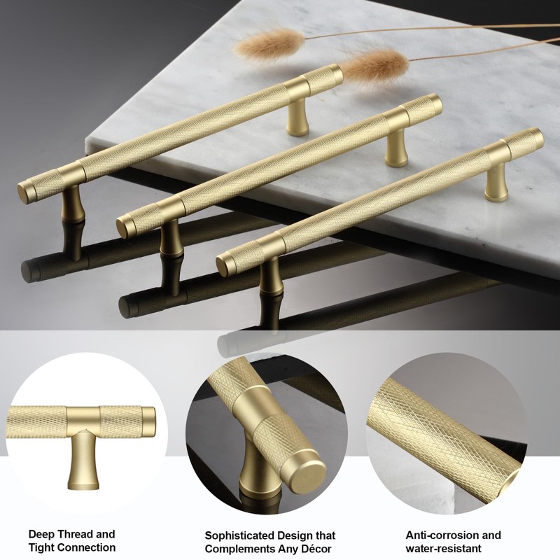 AITITAN 10 Pack Gold Kitchen Handles - Knurled, 192mm Hole