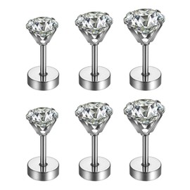3 Pairs Jewelry Stainless Steel Round Clear Cubic Zirconia Stud Earring 3~5MM Silver (1038_Silver)