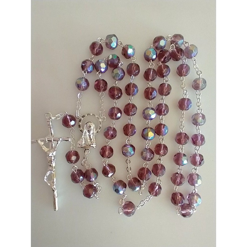 Catholic AB Purple Color Iridescent Glass Rosary Silver Tone Crucifix