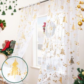 KarINSTALLi - Cortinas transparentes de Navidad para sala de estar, árbol de Navidad, cortinas transparentes con estampado de lámina dorada, cortinas de ventana con bolsillo para barra, decoración