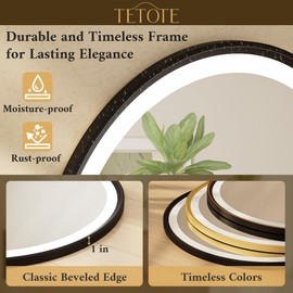 TETOTE Round Led Lighted Bathroom Mirror Matte Black Frame 24 Inch Front and Backlit Circle Round Light up Vanity Mirror with Lights, 3 Color Illuminated Dimmable Anti Fog Wall Mount, IP54 CRI 90+