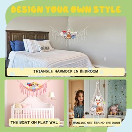 GCRQ Cuddly Toy Storage Stuffed Toy Storage, Set of 2, Robust Handwoven Cotton Net with Metal Anchors & Hooks, Wall Decoration for Children's Room, Baby Room and Playroom (Pink)