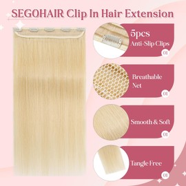 SEGOHAIR Clip In Hair Extensions for women One Piece 5 Clips Real Human Remy Hair Extension Long Straight Hairpieces for women 14 Inches #613 Bleach Blonde