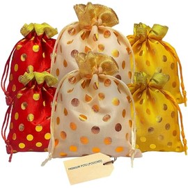 SATVIK Dot Potli - Set of 24 | 9-Inch Polyester Gift Bags | Reusable Drawstring Pouches for Parties, Weddings, and Festivals