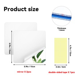 yuntop 2 Pack Self Adhesive Acrylic Mirror, 2MM Flexible Plastic Mirror, Shatterproof PS Frameless Wall Mirror for Bathroom Vanity and Entryway (6 x 6 inch)