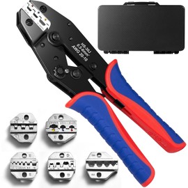 Crimping Tool Set, Ratchet Wire Crimper Tool For Heat Shrink, Insulated Nylon,Non-Insulated,Ferrule Wire End, Open Barrel Terminals, Solar Connectors - Crimper with 6 Interchangeable Die