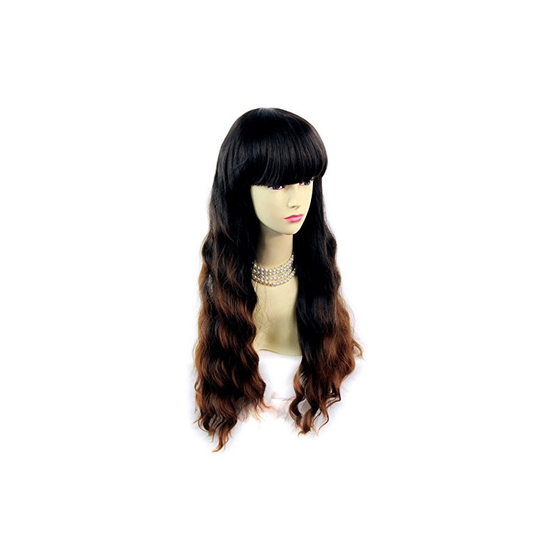 Wonderful Curly Black Brown & Red Long Lady Wig Dip-Dye