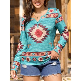 Bellelily Womens Long Sleeve Tops Western Outfit Cowgirl Shirts Ladies Aztec Print Graphic Tee Casual V Neck Loose Fit Blouse