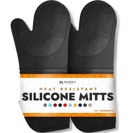BPA-Free Silicone Oven Mitts Ultra Heat Resistant up to 500°F - Oven Mitts with Thick Cotton Liner - Long Slip Resistant Pot Holders, Flexible Oven Gloves - Black 14.7