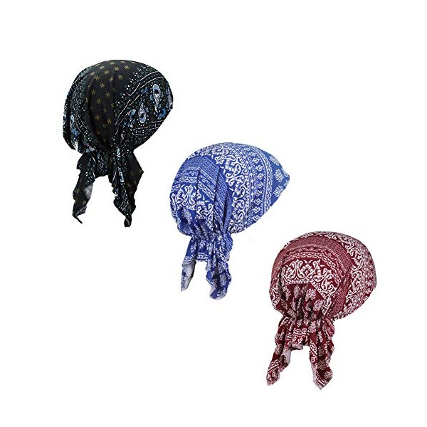Pre Tied Chemo Head Scarf 3 Packed Beanie Skull Cover Cap for Women (TC051-Amoeba2)