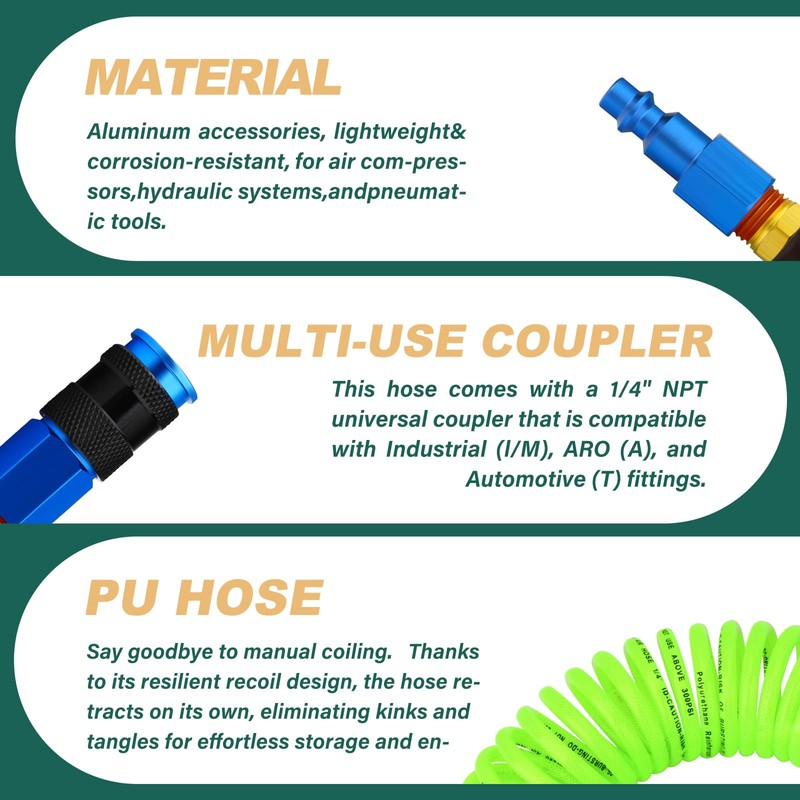 GORAGUCHI 1/4" x 10 ft Reinforced Polyurethane Air Hose with