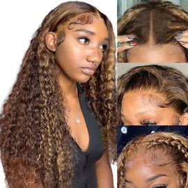 26 Inch Highlight HD Transparent Lace Front Wig Human Hair Pre Plucked 180% Density Glueless Flawless Hairline Curly Human Hair Wigs for Black Women 4/30 Coloured Wigs