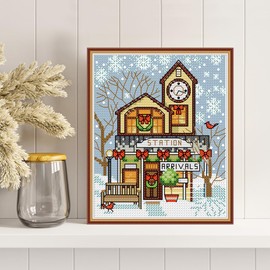 CROSSDECOR Cross Stitch Kits for Adults,Stamped Cross Stitch Kits,DIY Needlepoint Kits for Beginners Counted Embroidery Craft Supplies for Home Décor,Christmas Cottage 5.9×6.7in