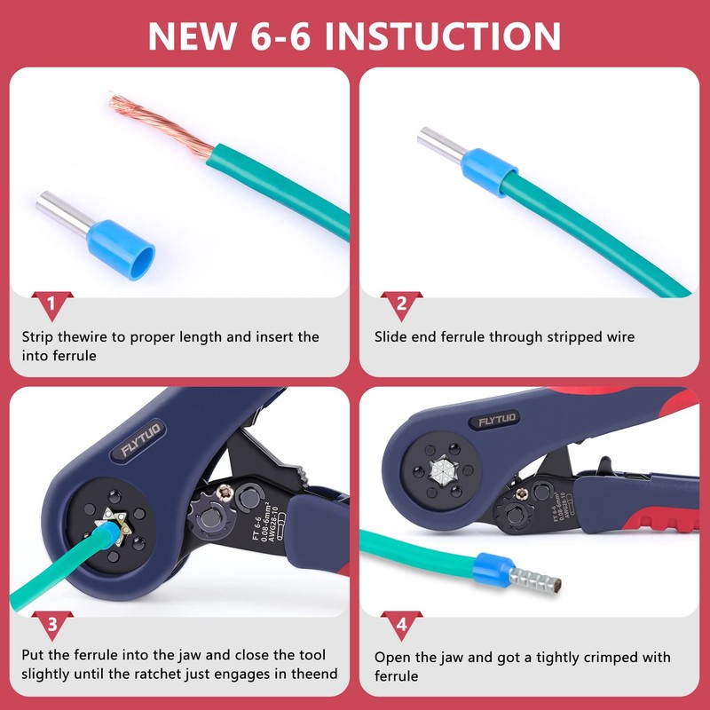 Flytuo Upgraded Hexagonal Ferrule Crimping Tool, New HSC8 6-6A Self-adjusting