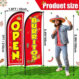 Buryeah Feather Burritos Open Flag Burritos Sign Business Signs for Outside Open Flags for Businesses with Pole Ground Stake Portable for Mexican Restaurants, Markets