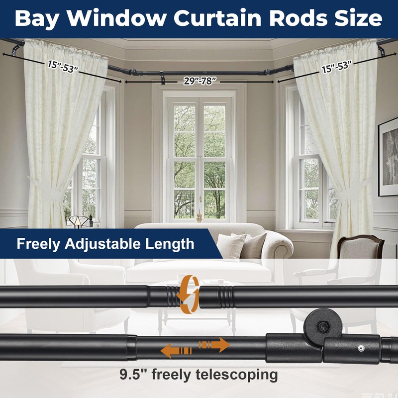 Bay Window Curtain Rods 1 Inch Rustproof Metal Corner Curtain