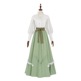 Fiamll Victorian Dress Women's Renaissance Costume Edwardian Blouse Renaissance Skirt Prom Dresses Grass Green L
