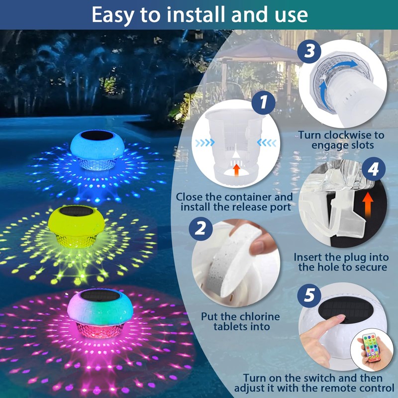 Pool Chlorine Tablet Floater with Solar Colorful Projection Lights, HAARAY