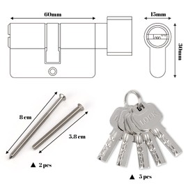 Profile Knob Cylinder Lock Cylinder 30/30 Metal Silver Knob Cylinder incl. 5 Keys L 6 cm x W1.5 x m x H 3 cm for Hengsong All Types of Doors Made of Zinc Alloy