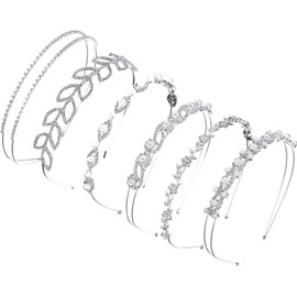 6 Pieces Bride Bridesmaids Crystal Flower and Leaves Headband and Women's Girl's Faux Pearl Rhinestones Headdress for Wedding Party (Silver, One Size)
