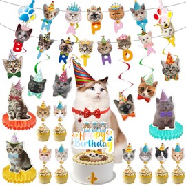 20 decoraciones de fiesta de cumpleaños para gatos, suministros de fiesta temática de gato, incluye pancarta de feliz cumpleaños, remolinos colgantes, centros de mesa de panal, adornos para pasteles