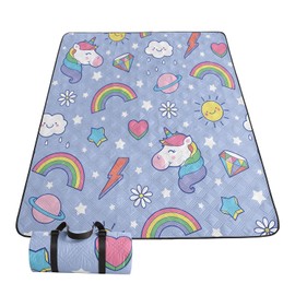 Smell Sunshine Outdoor Picnic Blanket,Portable Sandproof Waterproof Picnic Mat,Rainbow Unicorns Printed Camping Beach Mat for Sand and Wet Grass Hiking (Rainbow Unicorns S)
