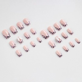 Pink French Tip Press on Nails Medium Square Fake Nails French Leopard Bow False Nail with Nude Glitter Design Nude Pink Acrylic Nails Full Cover Artificial Glue on Nails for Women DIY 24Pcs