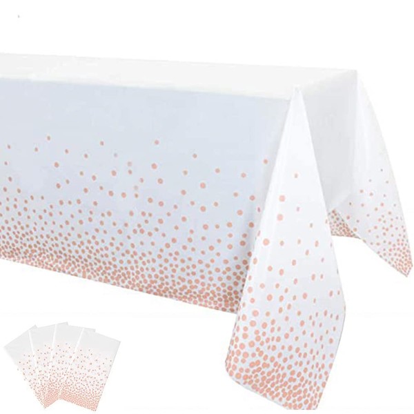 4 Pack Plastic Tablecloths for Rectangle Tables, Disposable White Party Table Cloths, Rose Gold Dot Confetti Table Covers, for Birthday/Wedding/Baby Shower/Bridal Shower/Graduation/Event, 54x108 Inch
