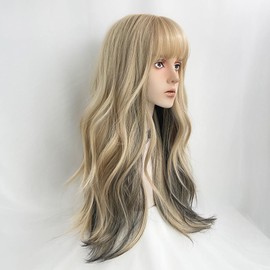 Generic Long Gold with Black Wavy Wig for Women Synthetic Curly with Bangs Fiber Cosplay Wig for Girls Daily Use Corlorful Wigs