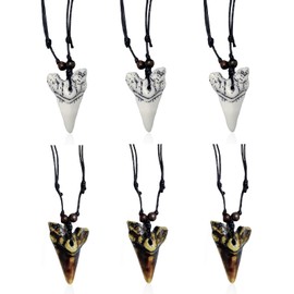 AMBEERT 6 Items Shark Tooth Necklace Adjustable Wax Rope Necklace with Imitation Shark Teeth, Perfect for Men, Women, Kids Shark Gifts for Beach, Surfing(White & Brown)
