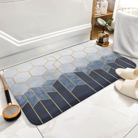 Blue Gold Marble Geometric Hexagons Bathroom Rug Mat, Extra Soft and Absorbent Microfiber Bath Rugs, Non-Slip Plush Bath Carpet, Bath Mats for Bathroom Floor, Tub and Shower18 x30