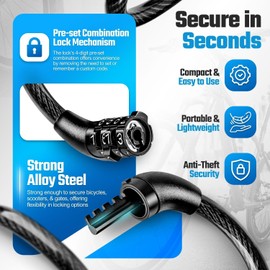 Flexzion Bike Cable Lock, Bicycle Cycling Security Keyless Tool 4 Digit Combination - 4 ft x 5/16 Inch (8mm) Self Coiling Lightweight for Motor Sport Bike Baby Trolley Carts Tool Boxes